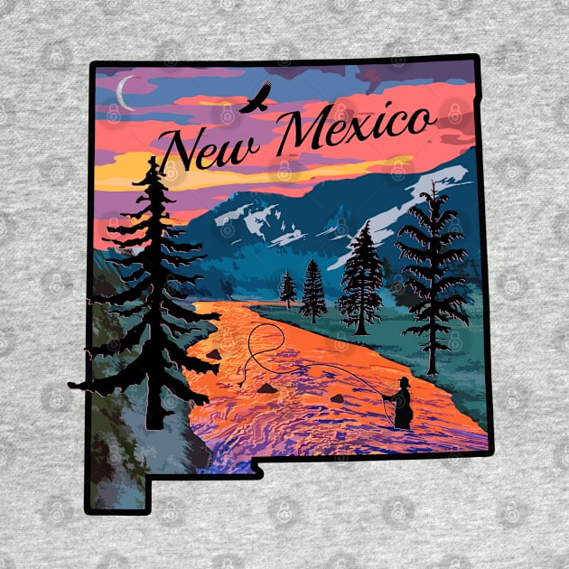 Fly Fishing New Mexico State Map Mountain Sunset River Retro by TeeCreations